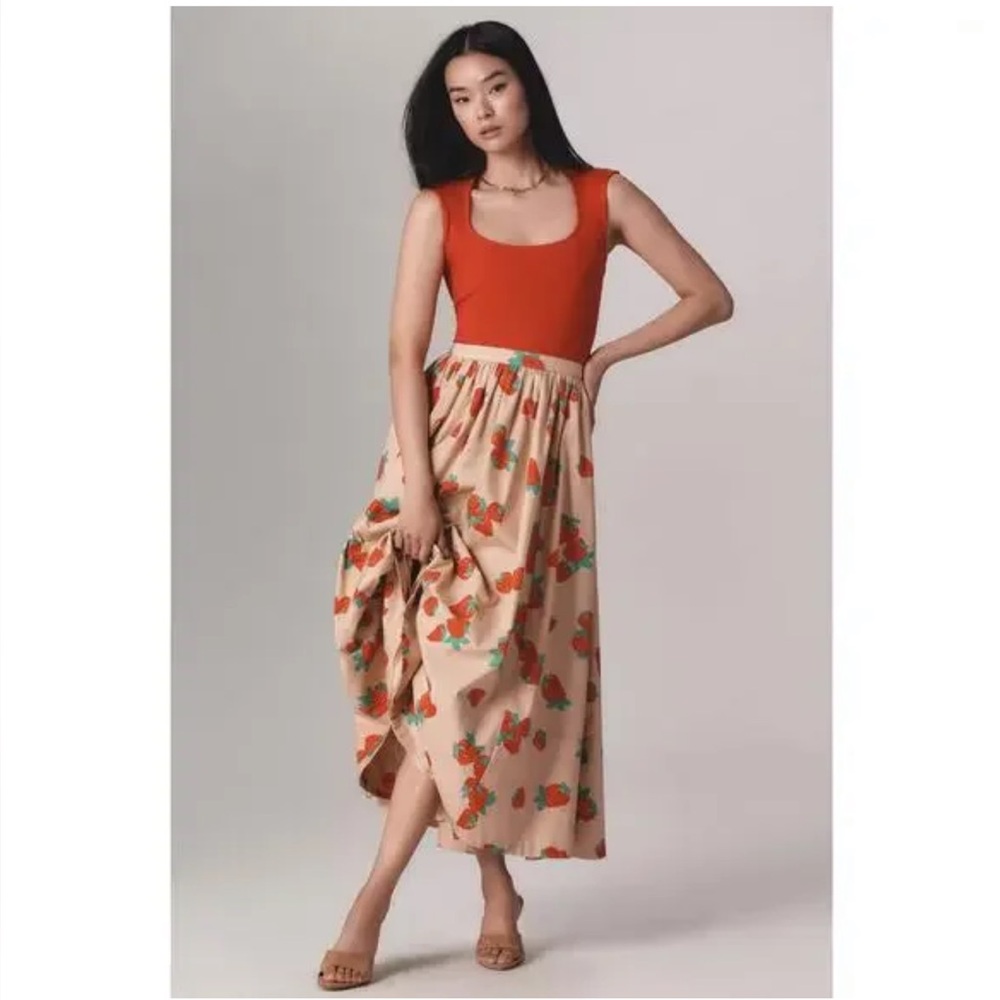 Anthropologie Maeve Poplin Printed Midi Skirt- Strawberry Print - Picture 3 of 5